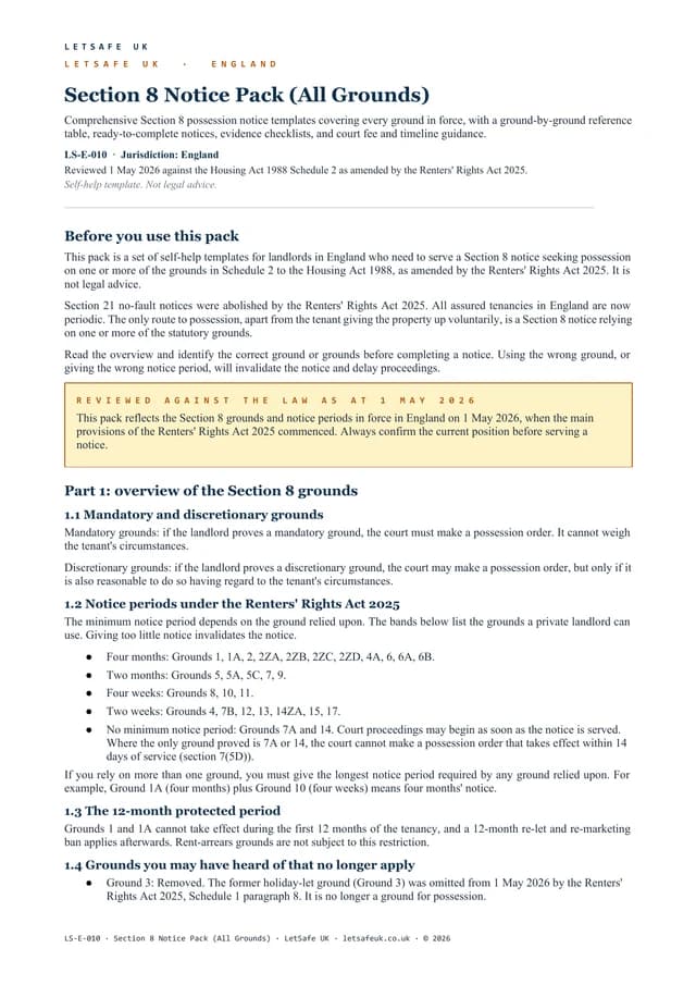 Front page of the Section 8 Notice Pack, reviewed 1 May 2026