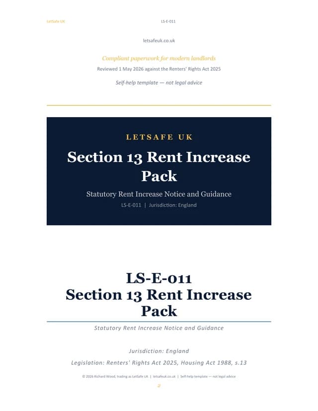 Front page of the Section 13 Rent Increase Pack, included in the New Landlord Starter Pack